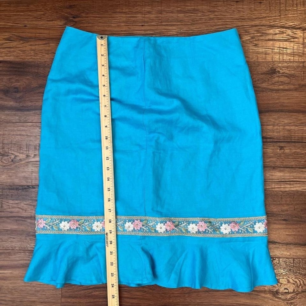 Vintage Turquoise‎ Linen Blend Midi Skirt floral Sequins Embroidered Trim Ruffle - Picture 4 of 6